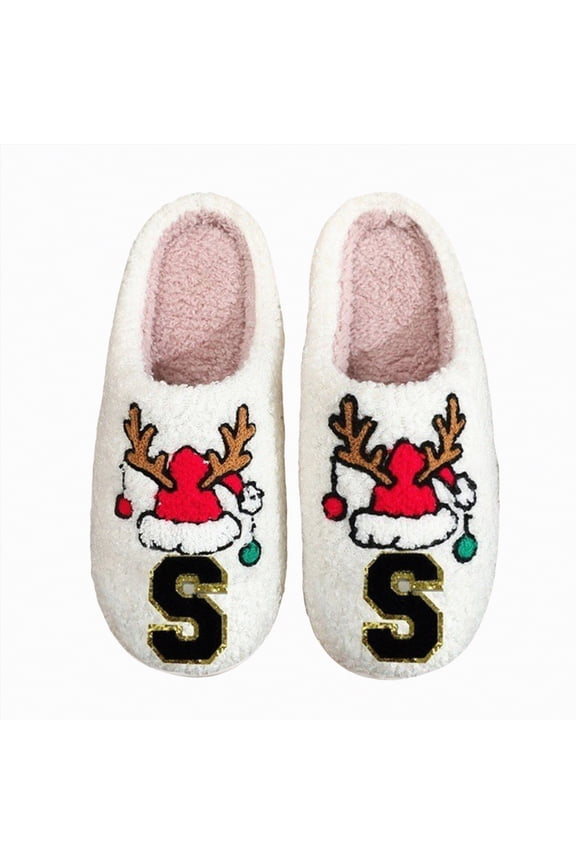 Christmas Slippers for Women Men, Letter Graphic Soft Slip-On House Winter Plush Fluffy Cute Slippers for Holiday Xmas Bedroom Indoor Outdoor Use(S,14.45)