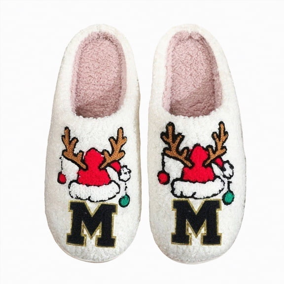 Yindaity Christmas Slippers for Women and Men Letter Graphic Plush Memory Foam Fluffy Slippers With Thick Bottom Soft Vintage Home Shoes (M,14.45)