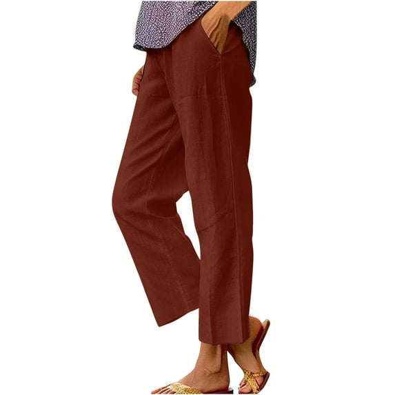 Yindaity Cropped Linen Pants Women Summer Elastic Waist Straight Leg Plus Size Crop Pants Casual Beach Trousers with Pockets Brown,2XL