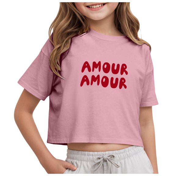 Yindaity Cute Summer Tops for Girls Girls Short Sleeve Tops Casual Crewneck T Shirts Kids Peplum Tunic Tees Blouses Pink,8-9 Years