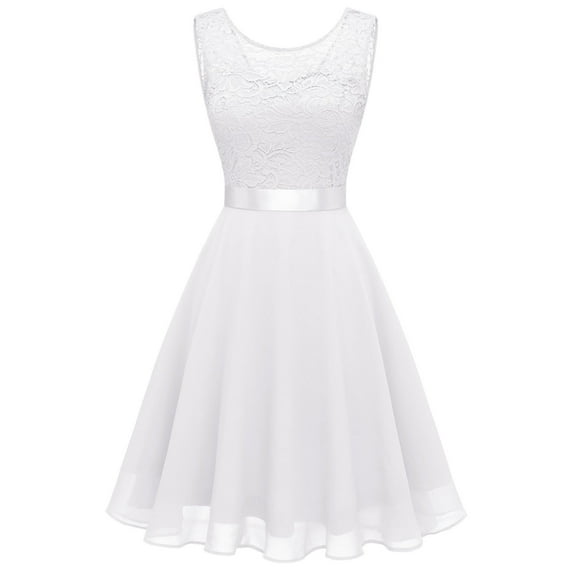Yindaity Dresses Homecoming Dress for Teens Wedding Guest Sleeveless Lace Formal Dresses White,S