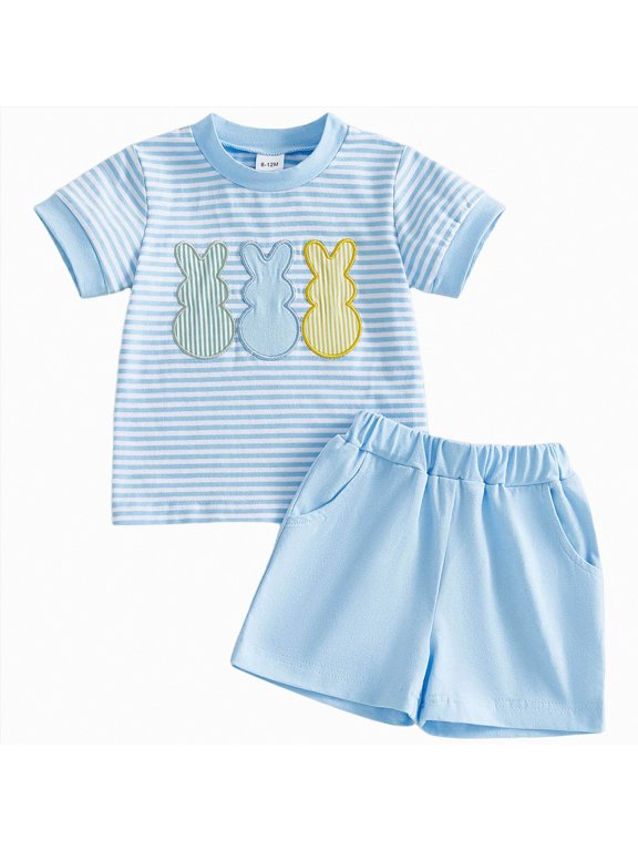 Easter Boy Outfit Toddler Baby Boy Girl Easter Outfits Short Sleeve Embroidery Rabbit Carrot T-shirt Plaid Shorts Summer Clothes Set(Light Blue,12-18 Months)