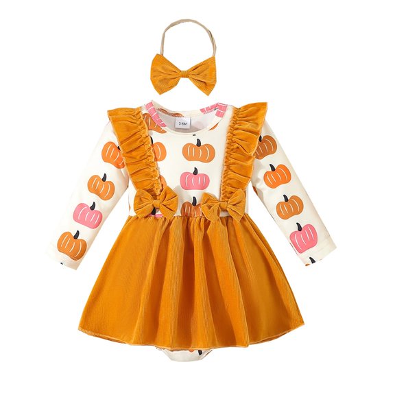 Yindaity My First Halloween Outfit Baby Girls Pumpkin Pie Long Sleeve Romper Skirt Headband 2PCS Clothes Set for Fancy Party Dress up Photo (Yellow,6-12 Months)
