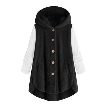 Yindaity Fleece Jacket Women Long Sleeve Sherpa Hooded Coats Winter Fall Warm Fuzzy Jackets Plus Size Button Plush Outerwear (Black,4XL)