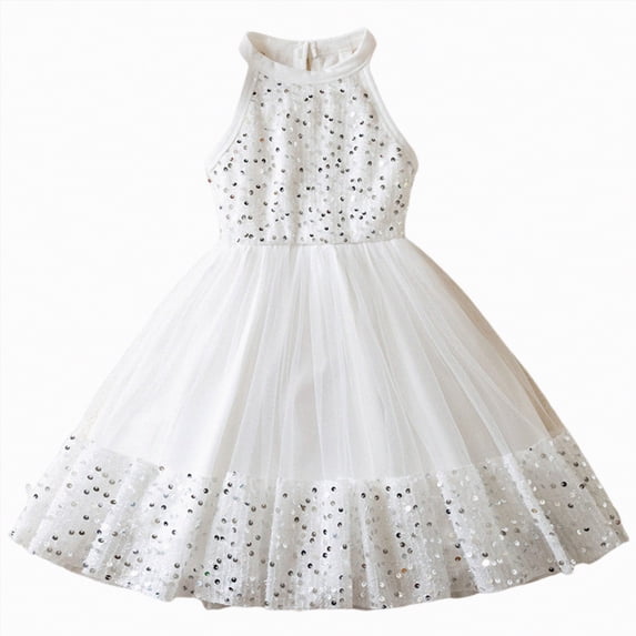 Yindaity Flower Girl Dresses Girls Dresses Swing Sundress Toddler Summer Clothes Kid Birthday Party Sleeveless Dress(White,6-7 Years)