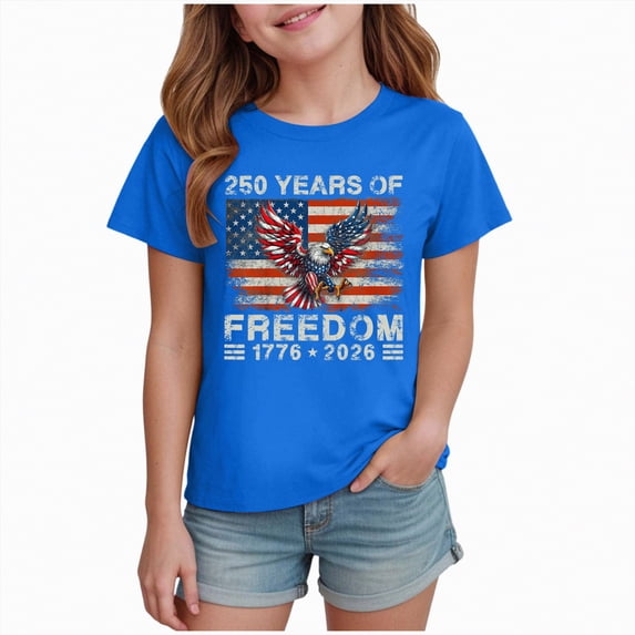 Yindaity Fourth Of July Outfit Girl Kids 12th of July American Flag Shirts Boys Girls Patriotic T-Shirt Independence Day Tee Tops(Blue,7-8 Years)