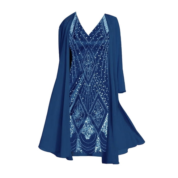 Yindaity Frocks for Women Chiffon Two Piece 3D Digital Printed Chiffon Shirt Skirt Long Sleeved V Neck Casual Set (BU1,3XL)