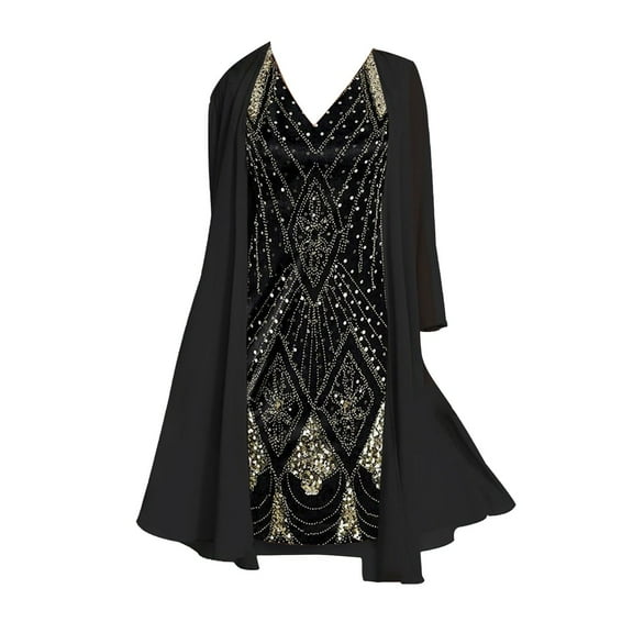 Yindaity Frocks for Women Chiffon Two Piece 3D Digital Printed Chiffon Shirt Skirt Long Sleeved V Neck Casual Set (Black,L)