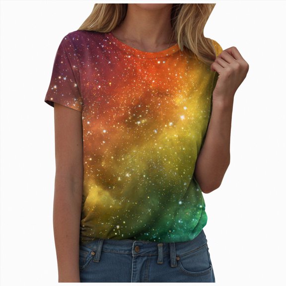 Yindaity Galaxy T Shirts for Women Space Print Side Slit Curved Hem V Neck T-Shirts Womens T-Shirts(Gold,L)