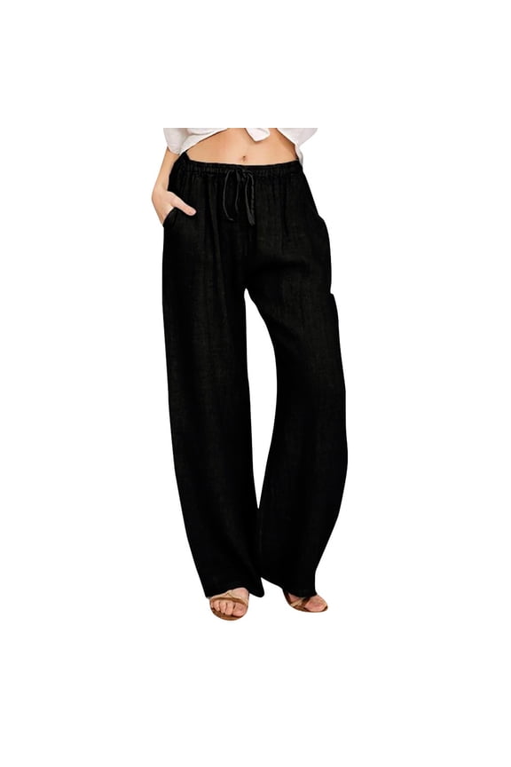 Gauze Pants for Women Casual Summer Wide Leg Casual Loose Drawstring High Waist Cotton Palazzo Pants for Women Black,2XL