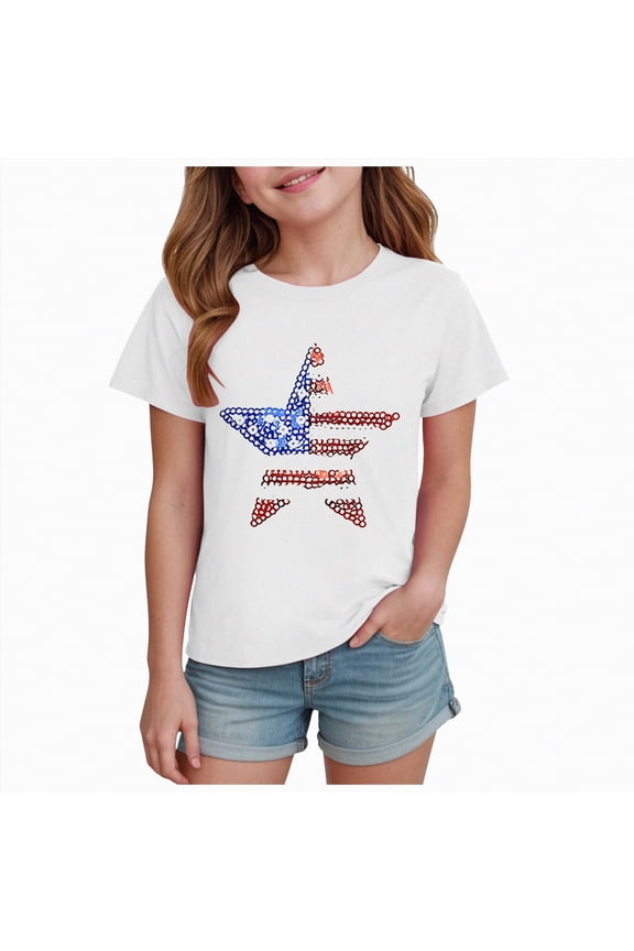 Girl'S Memorial Day Shirt Girl'S Girl July 4th Crop Tops Stars Stripes Tshirt American Flag Girls Patriotic Outfits(White,2-3 Years)