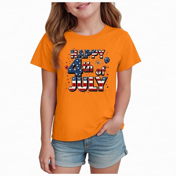 Yindaity Girl'S Memorial Day Tshirt Toddler Girl 4th of July Outfit American Flag Print T-Shirt Top Independence Day Clothes(Orange,11-12 Years)