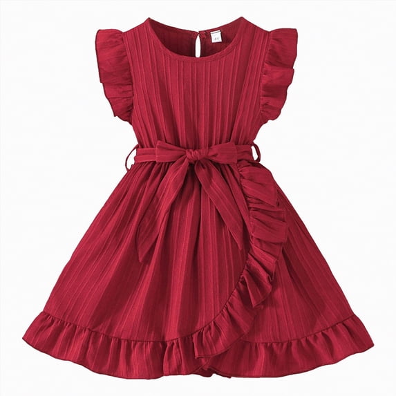 Yindaity Girl Summer Dress Toddler Girls Vintage Party Dress Ruffled Sleeve A-Line Flower Girl Dresses for Wedding,Birthday(Red,4-5 Years)