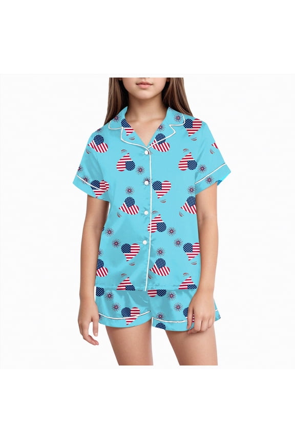 Girls 4th Of July Pajamas Girls Independence Day Pajamas Set, Soft Satin Lightweight Silk Button-Down Top with Shorts 2 Piece PJS(Sky Blue,6-7 Years)