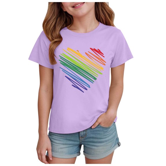 Yindaity Girls' Assorted Everyday Short Sleeve Graphic T-Shirts Cute Summer Tops for Girls Purple,9-10Years