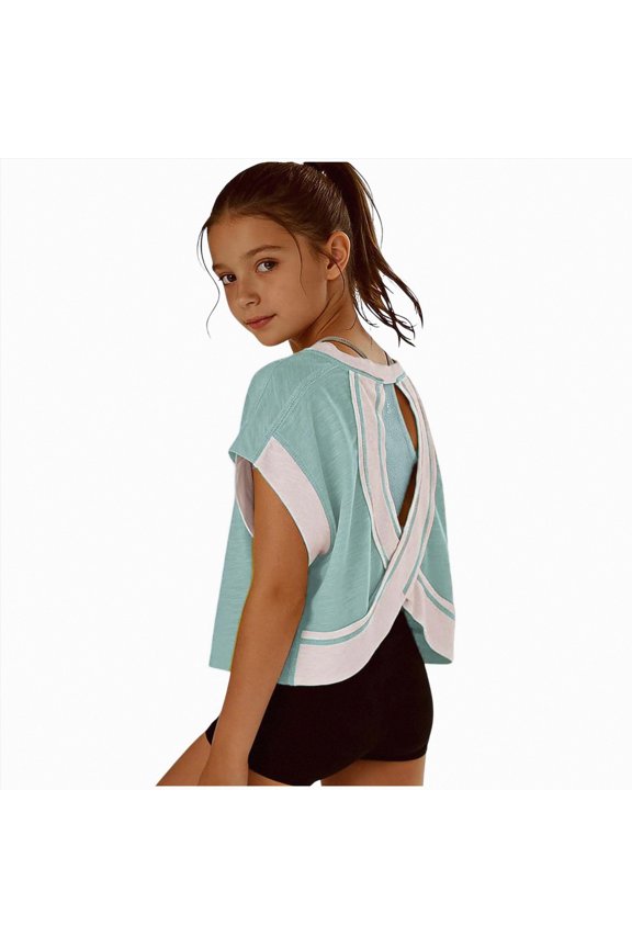 Girls Athletic Tank Tops Girls Athletic Shirts Short Sleeve Open Back Tops Active Sports Tshirts Workout Crop Tees Activewear(Green,4-5 Years)