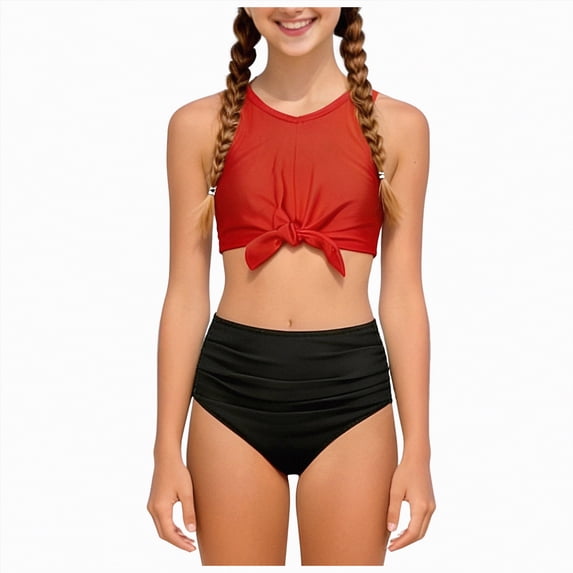 Yindaity Girls Bathing Swimsuit Tween Girls Swimsuits Two Piece Colorblock Bikini Sets with Chest Pad(Watermelon Red,7-8 Years)