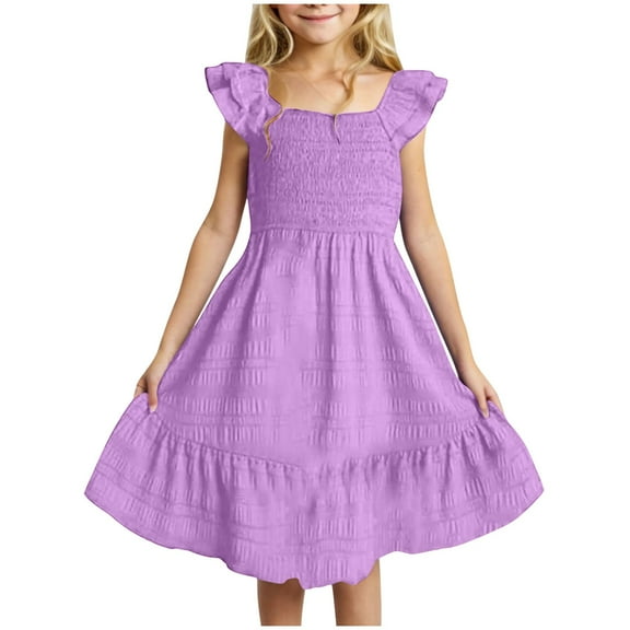 Yindaity Girls Dresses Double Pleated Sleeve Square Neck Off Shoulder with Pockets Girls (Purple,3-4 Years)