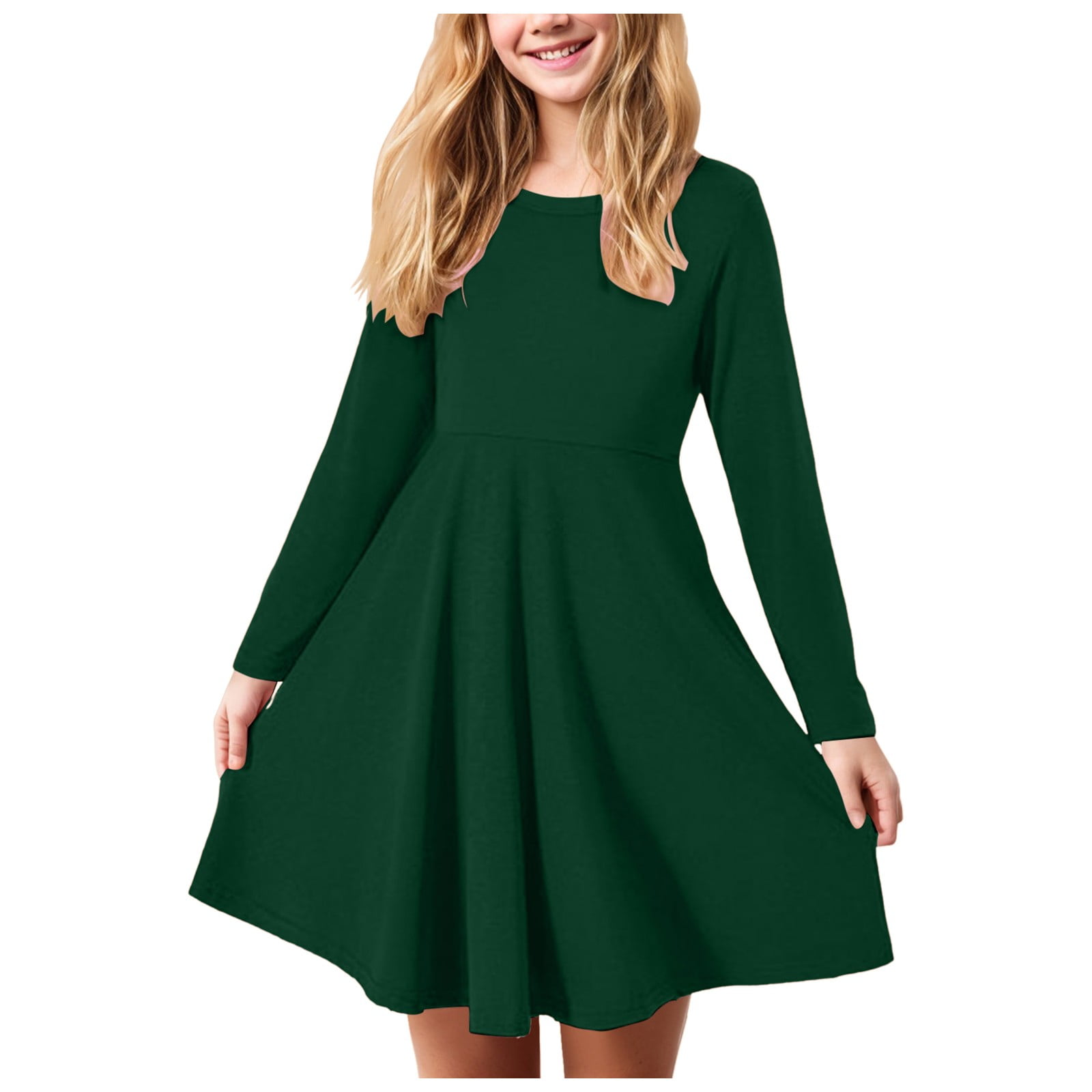 Girls Long Sleeve T Shirt Dresses Kids Fall A Line Skater Dresses 3 to 20 Years Girls Holiday Dresses (Green,15-16 Years)