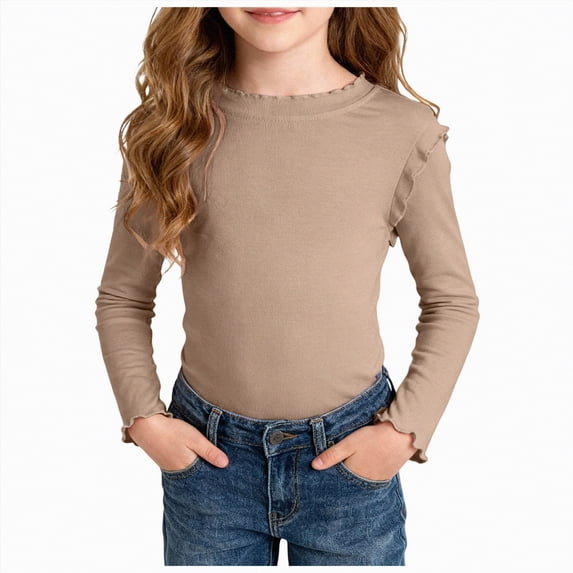 Yindaity Girls Shirt Tops Kids Spring Fall Basic Tops Active Layer Shirts(Coffee,3-4 Years)