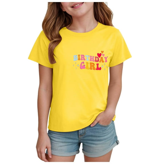 Yindaity Girls Short Sleeve Heart Pocket T-Shirts Casual Cotton Tee Tops Blouse Bulk Tshirts Yellow,7-8 Years