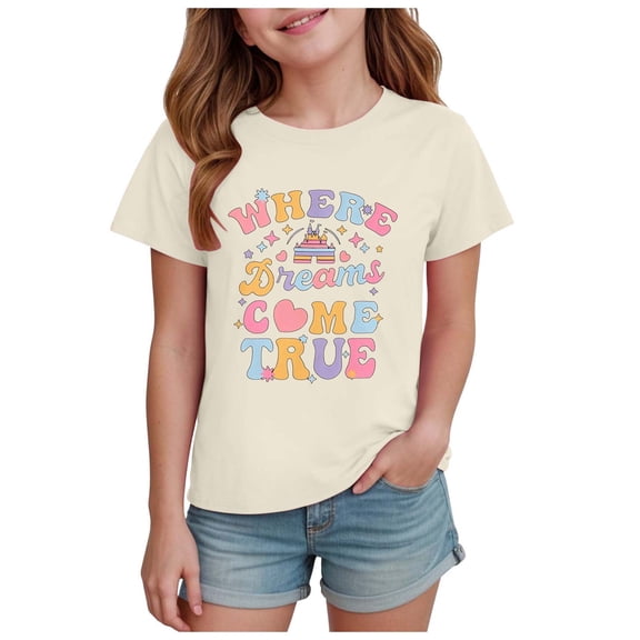 Yindaity Girls Short Sleeve T-Shirts Crop Top Rolled Sleeve Round Neck Solid Loose Basic Tees for Summer Girls' Tops, Tees & Blouses Beige,5-6 Years