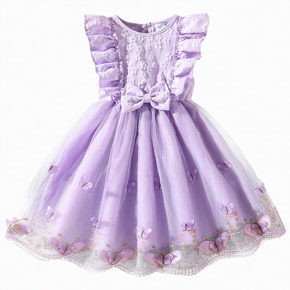 Yindaity Girls Summer Dresses Girls Dress Summer Ruffle Sleeve Mesh A Line Casual Party Dresses with Pockets for Kids(Purple,5-6 Years)