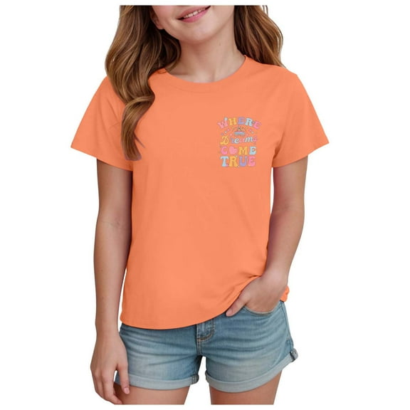 Yindaity Girls Summer Outfits Girls' Short Sleeve Graphic T-Shirts Orange,11-12 Years