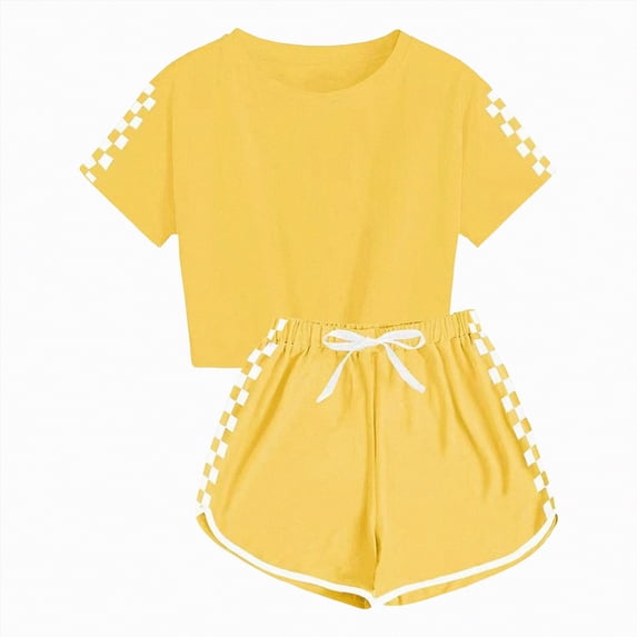 Yindaity Girls Summer Sets Toddler Kid Girl Outfits Clothes Floral Short Sleeve T-Shirt Top + Waist Pocketed Summer Short Sets Girl Clothes(Yellow,5-6 Years)