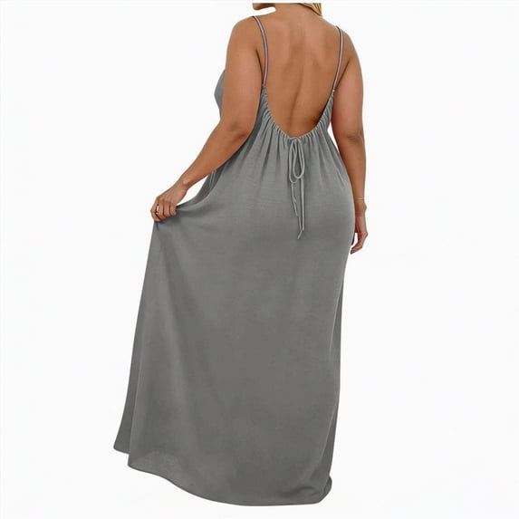 Yindaity Halter Dress for Women Women's Summer Dress Backless V Neck Spaghetti Strap Loose Flowy Dresses(Grey,XL)
