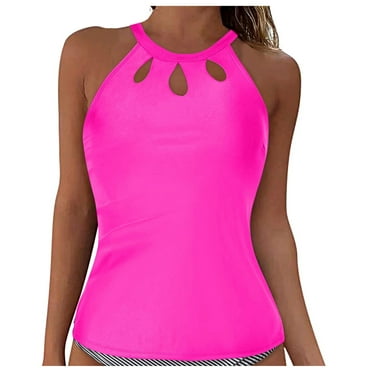 Yindaity High Neck Tankini Top Backless Bathing Suit Tops for Women Swimsuit Top Key Hole Swim Top Only Hot Pink,L