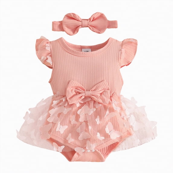 Yindaity Infant Girl Outfits Baby Girls Cotton Leotard Romper Newborn Playsuits Ruffled Sleeve Onesie Infant Jumpsuit Clothes Headband(Pink,9-12 Months)