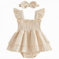 thumbnail image 1 of Yindaity Infant Girl Summer Outfits Baby Girls Cotton Leotard Romper Newborn Playsuits Ruffled Sleeve Onesie Infant Jumpsuit Clothes Headband(Beige,3-6 Months), 1 of 7
