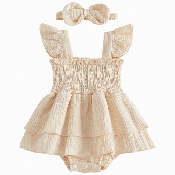 Yindaity Infant Girl Summer Outfits Baby Girls Cotton Leotard Romper Newborn Playsuits Ruffled Sleeve Onesie Infant Jumpsuit Clothes Headband(Beige,3-6 Months)