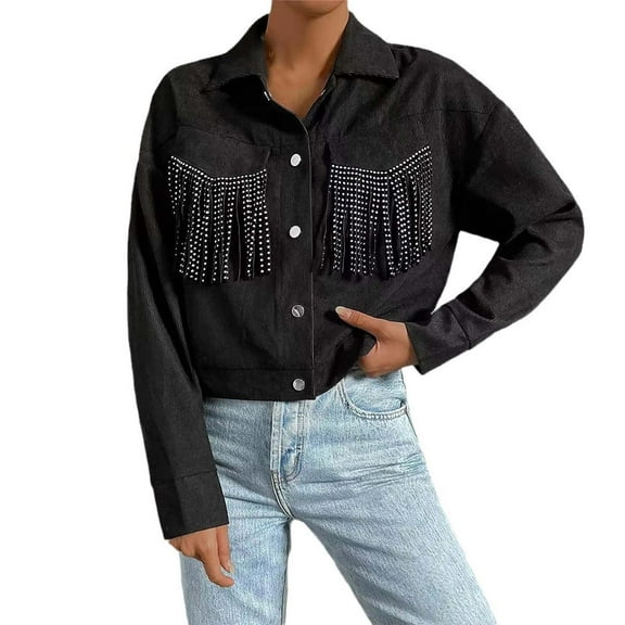 Yindaity Jean Jacket for Women Trendy Plus Size Denim Jackets for Women Long Sleeve Oversized Loose Jean Coat (Black,M)