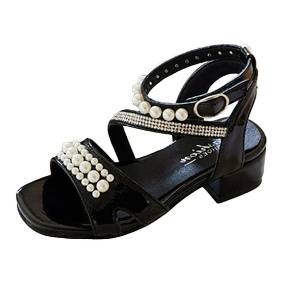 Yindaity Little Girls Sandals High Heels Formal Shoes Open Toe Sandals Party Wedding Shoes for Big Kids Toddler Sandals Girls (Black,6-7 Years)