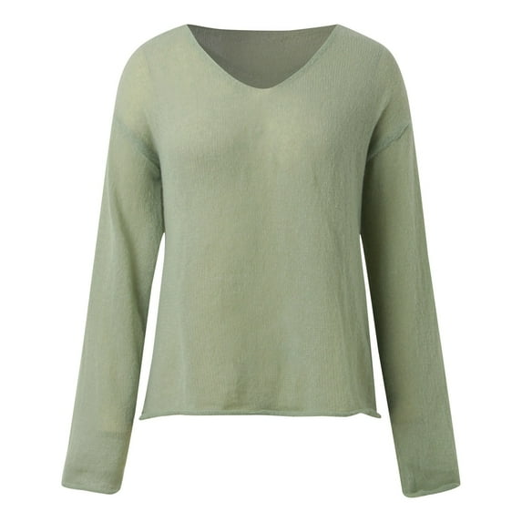 Yindaity Long Sleeve Sweaters for Women Fashion V Neck Waffle Knit Sweater Tops Fall 2024 Outfits Loose Jumper Pullover Sweater Shirts for Women (Green,One Size)