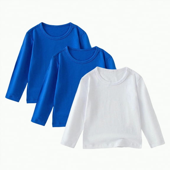 Yindaity Long Sleeve Uniform Shirts for Boys Boys Long Sleeve Shirts Kids Crewneck T Shirts Casual Tops Basic Tees(White,1-2 Years)