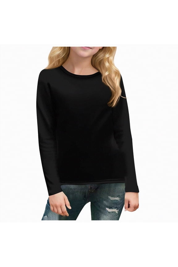 Long Sleeves for Girls Long Sleeve T Shirts Kids Crewneck Spring Fall Tops Basic Tees(Black,5-6 Years)