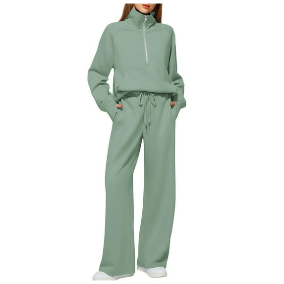 Yindaity Lounge Sets for Women 2 Piece Zip Up Sets Knit Sets Long Sleeve Winter Sweater Wide Leg Pants Outfits (Green,L)