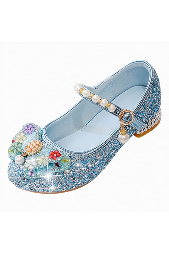 Mary Jane Heels Little Kids Girls Dress Pumps Glitter Sequins Princess Low Heels Princess Dress Shoes Party Dance Shoes Rhinestone Sandals(Blue,Size 12)