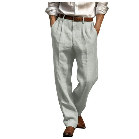 Yindaity Men Linen Pants Pleated Front Trouser Solid Color Linen Trouser Casual Pants Loose Fit Straight Leg Suit Trousers Light Gray,L
