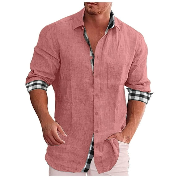 Yindaity Men's Business Dress Shirts Casual Fashion Long Sleeve Turn-Down Collar Button Shirt Blouse Pink,L