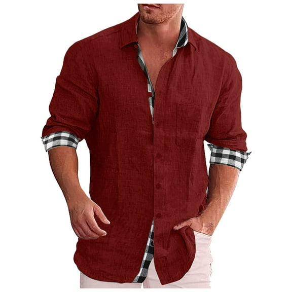 Yindaity Men's Business Dress Shirts Casual Fashion Long Sleeve Turn-Down Collar Button Shirt Blouse Red,S