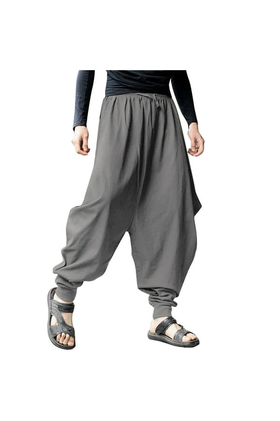 Men's Drawstring Aladdin Hippie Harem Pants Loose Drop Crotch Trousers Grey,3XL