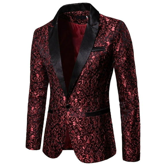 Yindaity Men's Dress Floral Suit Notched Lapel Slim Fit Stylish Blazer Dress Suit (Red,2XL)