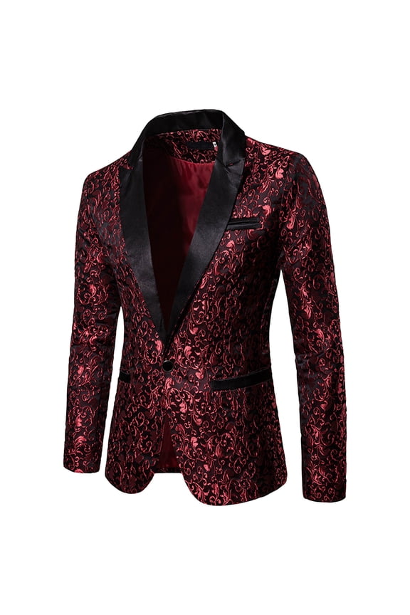 Men's Dress Floral Suit Notched Lapel Slim Fit Stylish Blazer Dress Suit (Red,2XL)