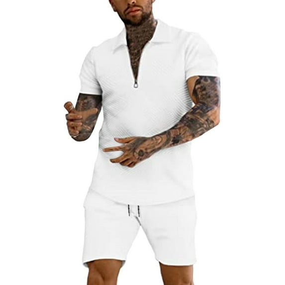 Yindaity Men's Polo Shirt and Shorts Set Summer Outfits Fashion Casual Short Sleeve Polo Suit for Men 2 Piece Short Set White,L