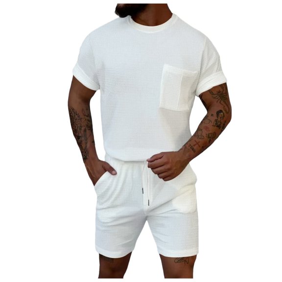Yindaity Men's Waffle Shirt and Shorts Set 2 Piece Outfits Casual Summer Tracksuits Set with Pockets White,3XL