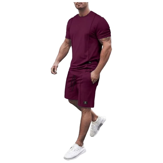 Yindaity Mens 2 Piece Outfits Casual T Shirts Short Sets Summer Tracksuits and Athletic Matching Set with Pockets Red,XL